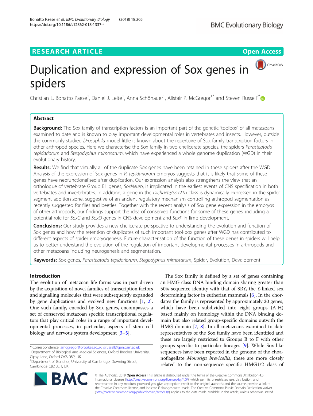 Duplication and Expression of Sox Genes in Spiders Christian L