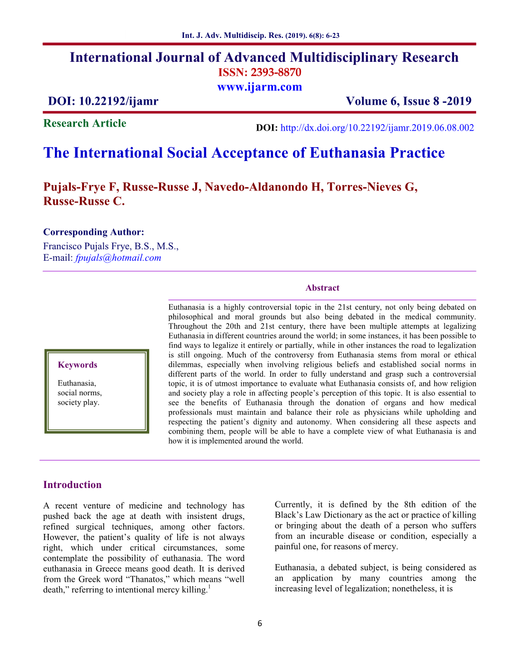 The International Social Acceptance of Euthanasia Practice