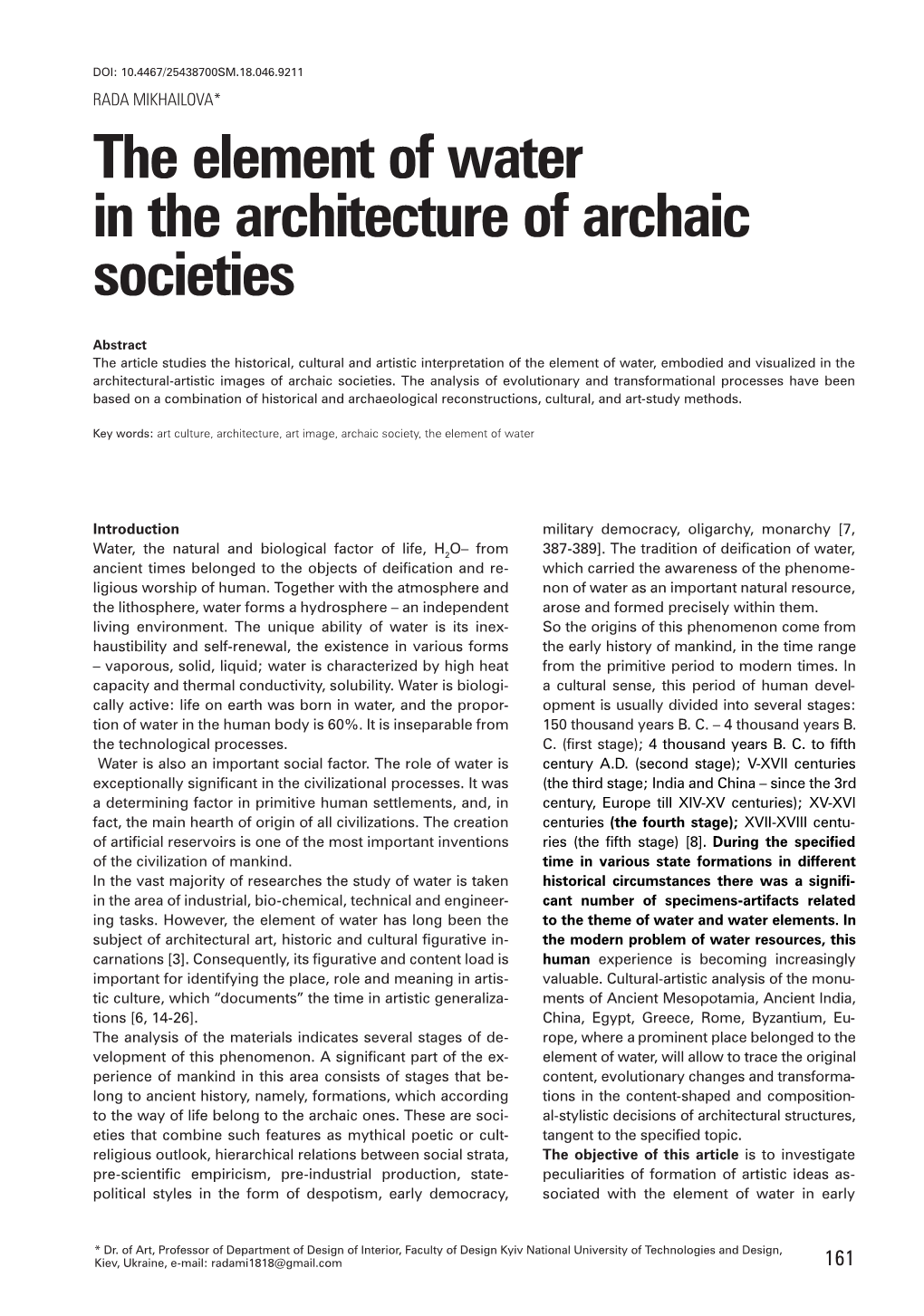 The Element of Water in the Architecture of Archaic Societes