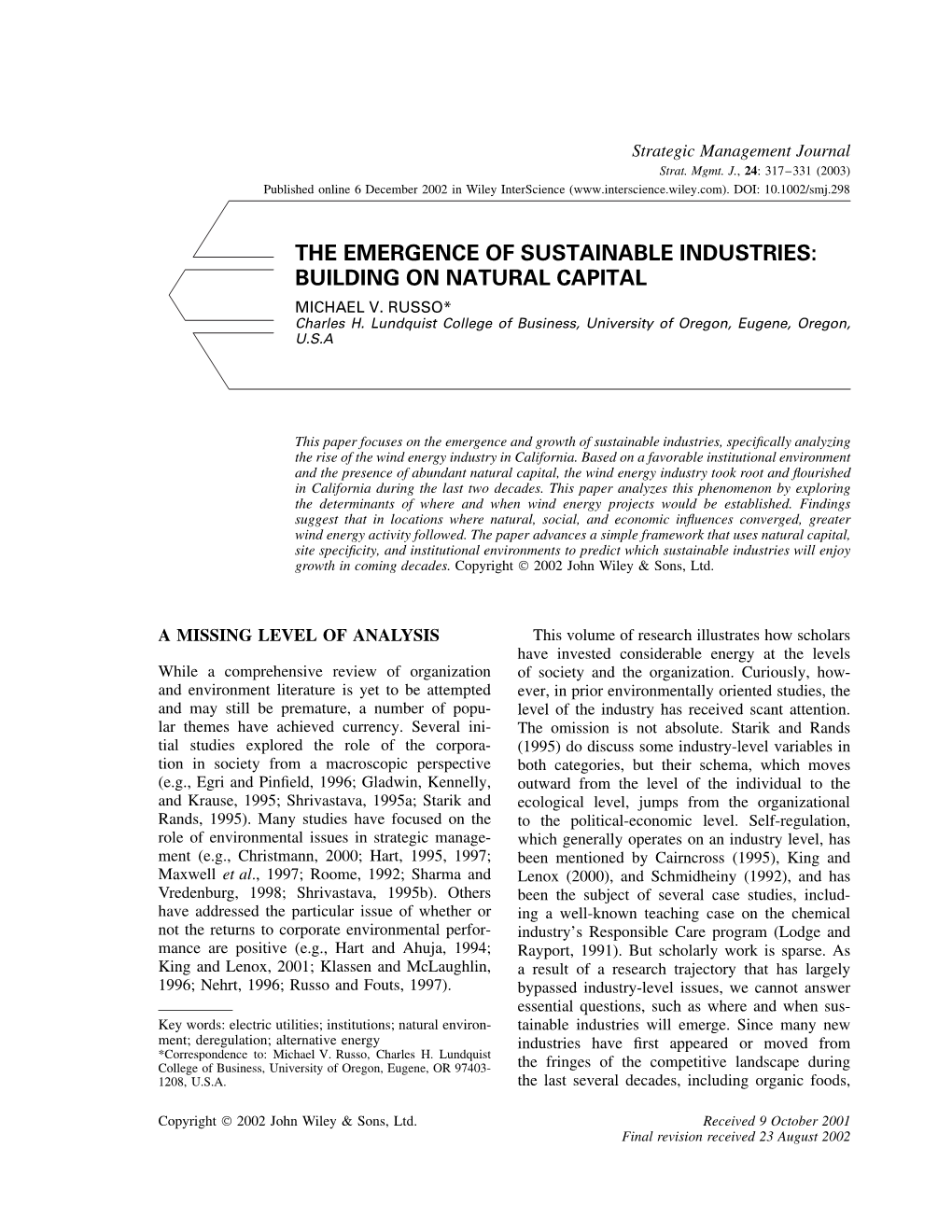 The Emergence of Sustainable Industries: Building on Natural Capital Michael V