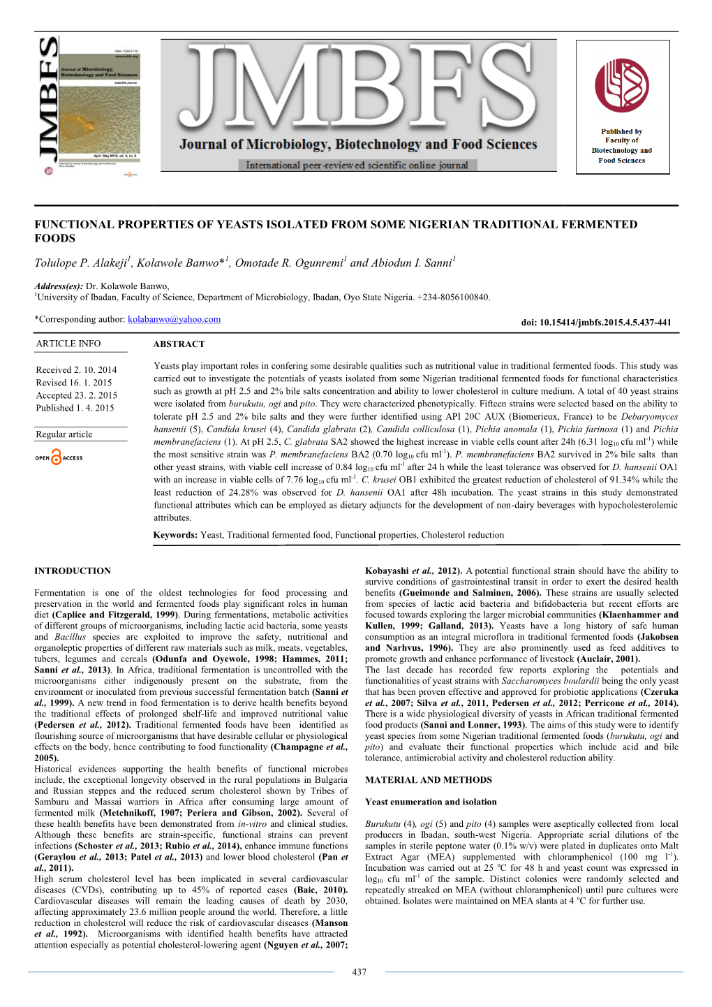 Functional Properties of Yeasts Isolated from Some Nigerian Traditional Fermented Foods