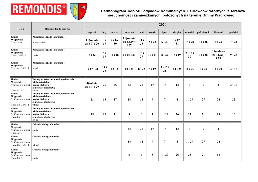 Harmonogram Workowej Zbiórki Surowców Wtórnych