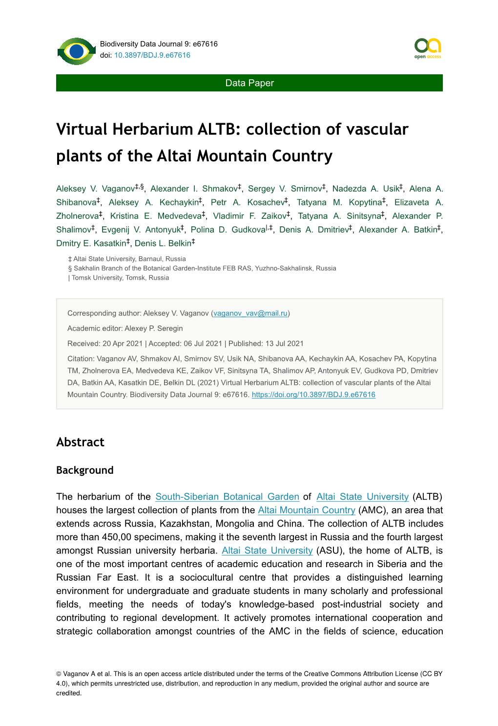 Virtual Herbarium ALTB: Collection of Vascular Plants of the Altai Mountain Country