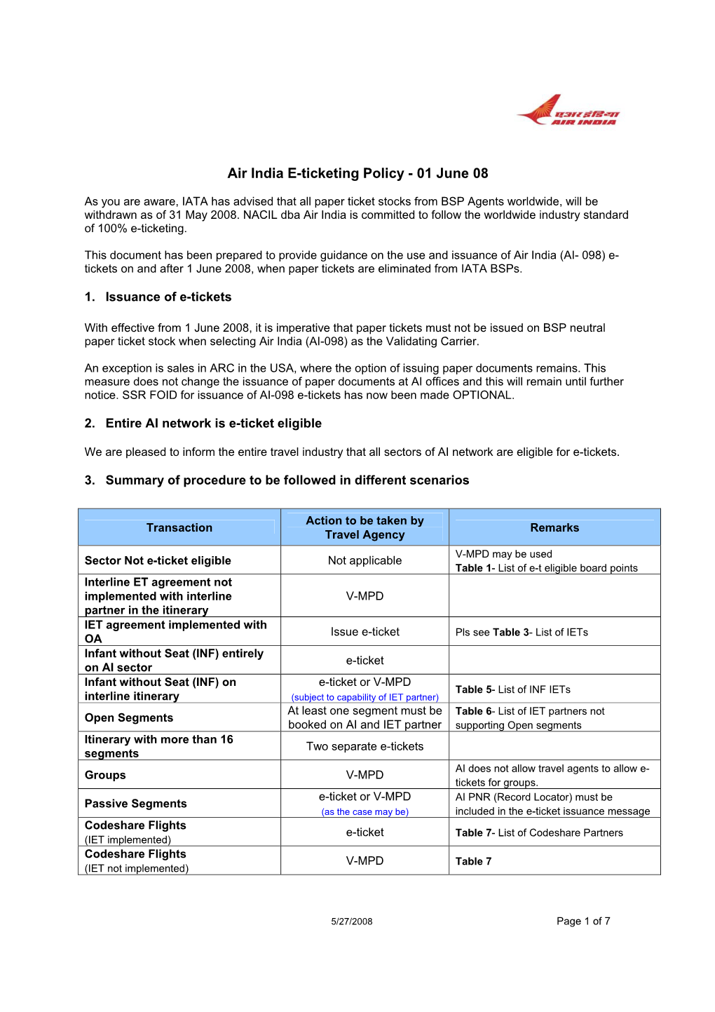 Air India E-Ticketing Policy - 01 June 08