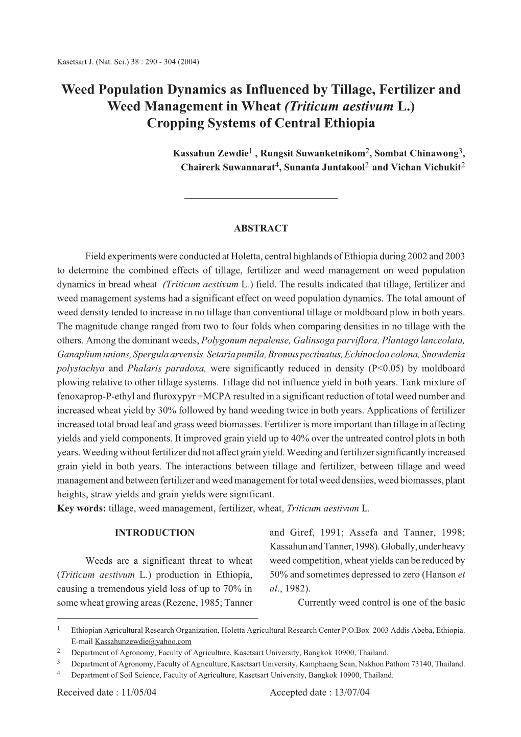 Weed Population Dynamics As Influenced by Tillage, Fertilizer and Weed Management in Wheat (Triticum Aestivum L.) Cropping Systems of Central Ethiopia