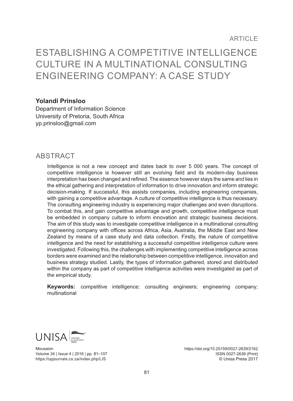 Establishing a Competitive Intelligence Culture in a Multinational Consulting Engineering Company: a Case Study