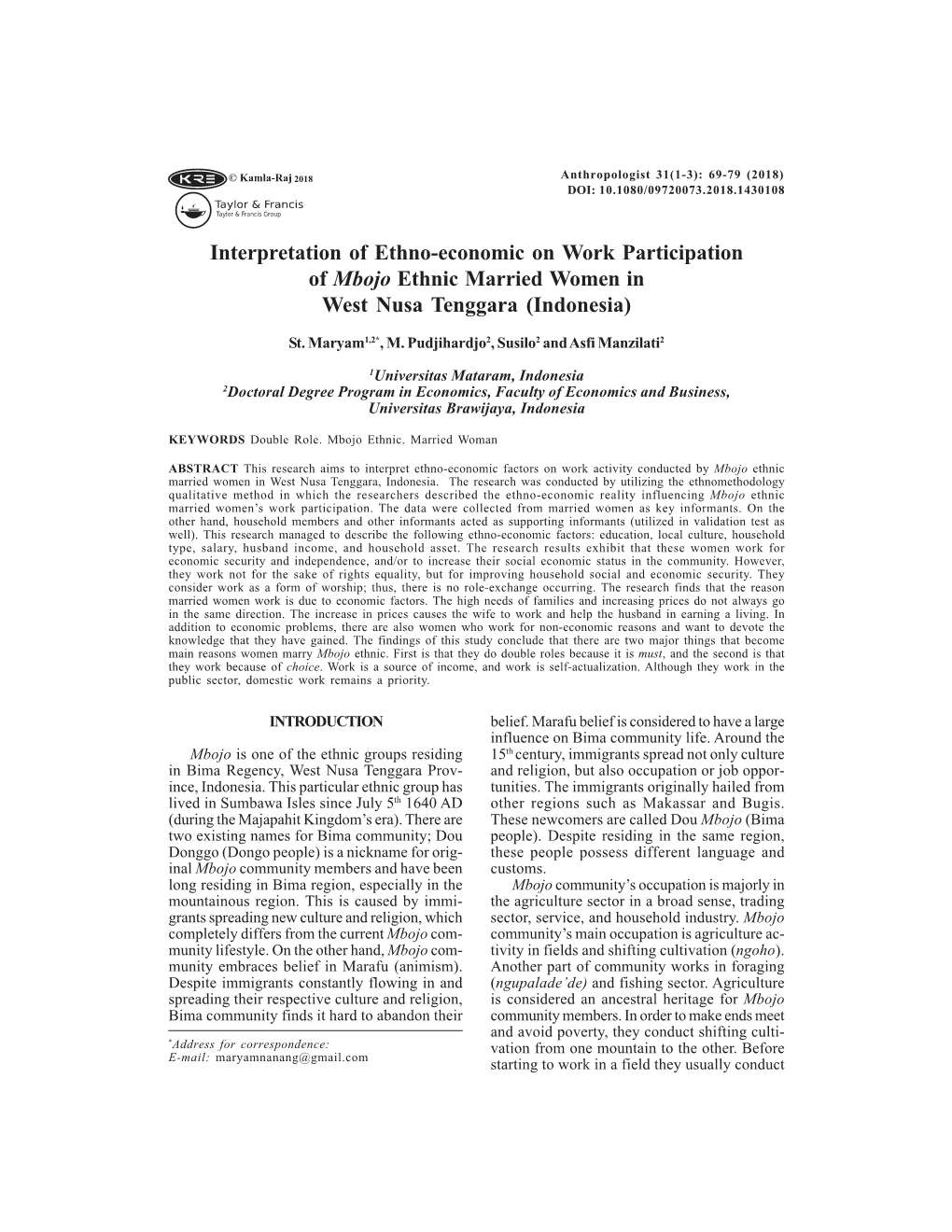 Interpretation of Ethno-Economic on Work Participation of Mbojo Ethnic Married Women in West Nusa Tenggara (Indonesia)