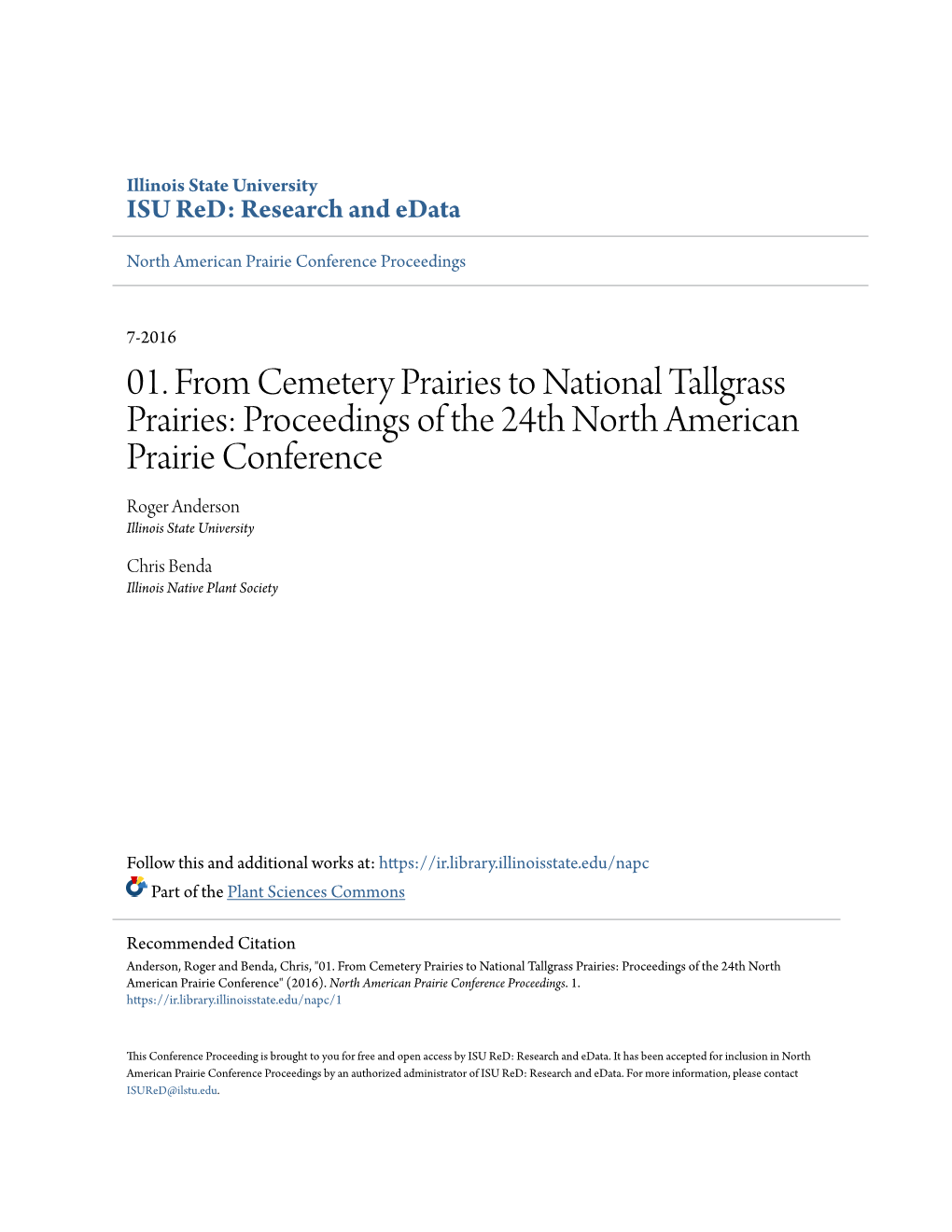 Proceedings of the 24Th North American Prairie Conference Roger Anderson Illinois State University