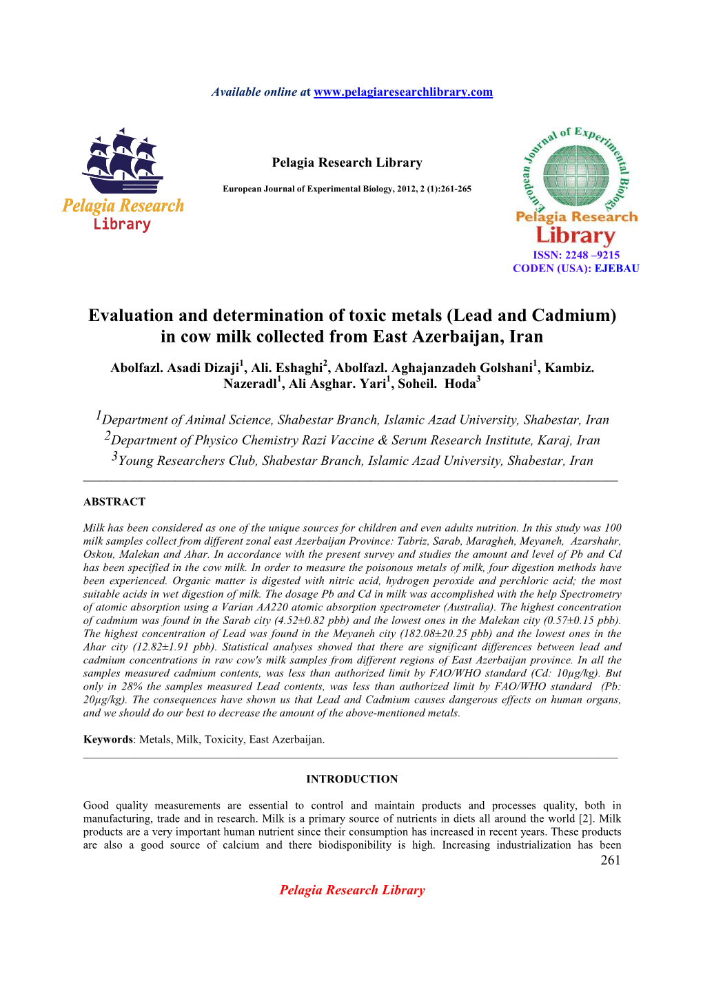 (Lead and Cadmium) in Cow Milk Collected from East Azerbaijan, Iran