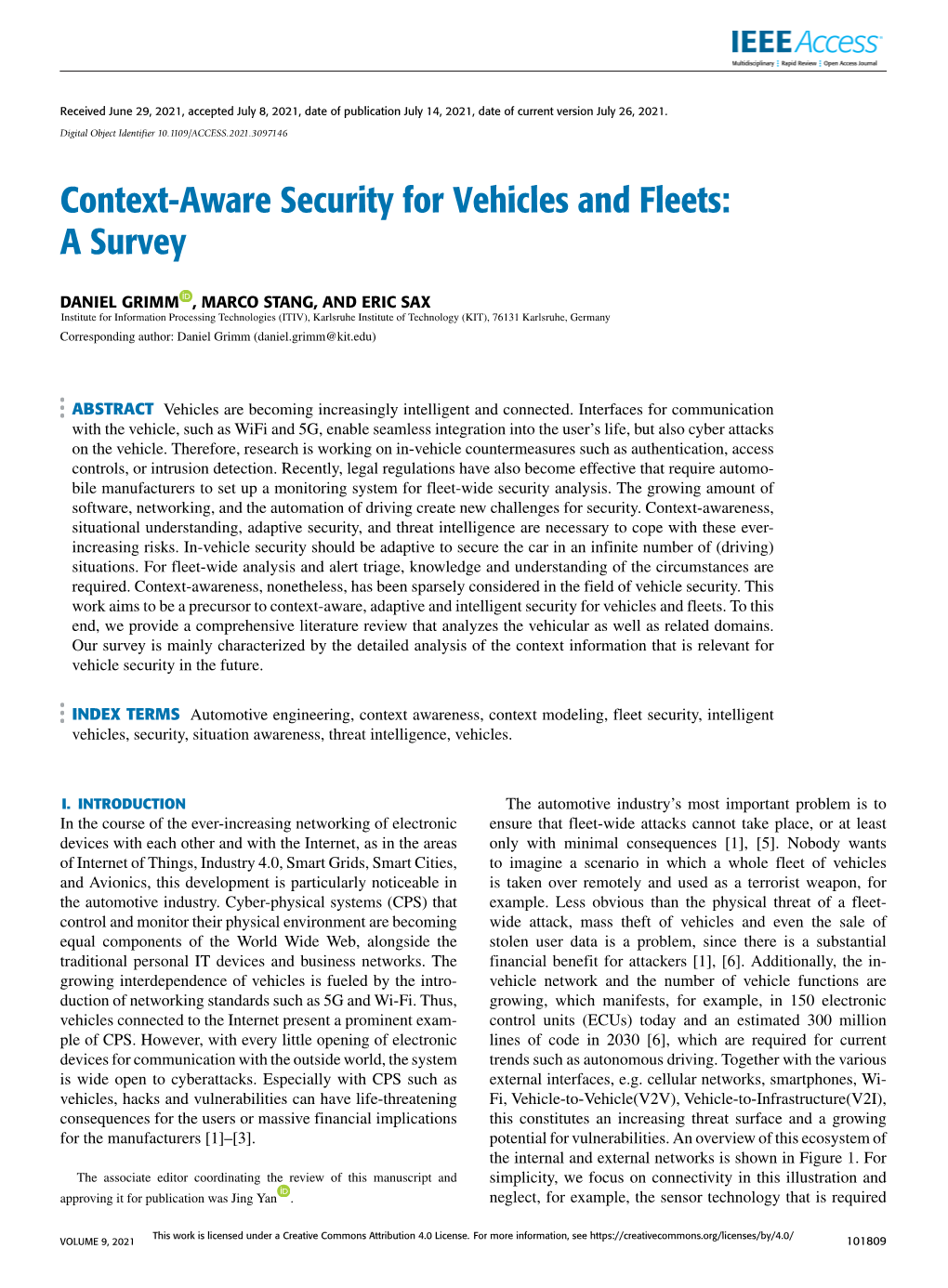 Context-Aware Security for Vehicles and Fleets: a Survey