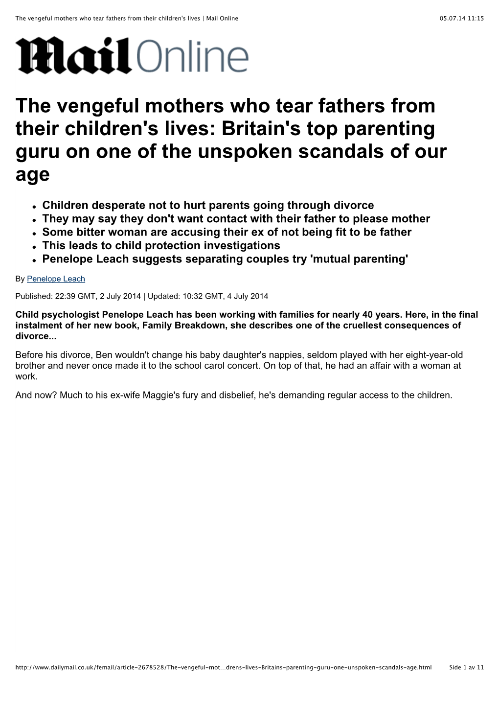 The Vengeful Mothers Who Tear Fathers from Their Children's Lives | Mail Online 05.07.14 11:15