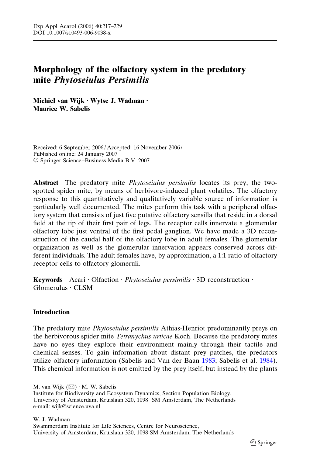 Morphology of the Olfactory System in the Predatory Mite Phytoseiulus Persimilis