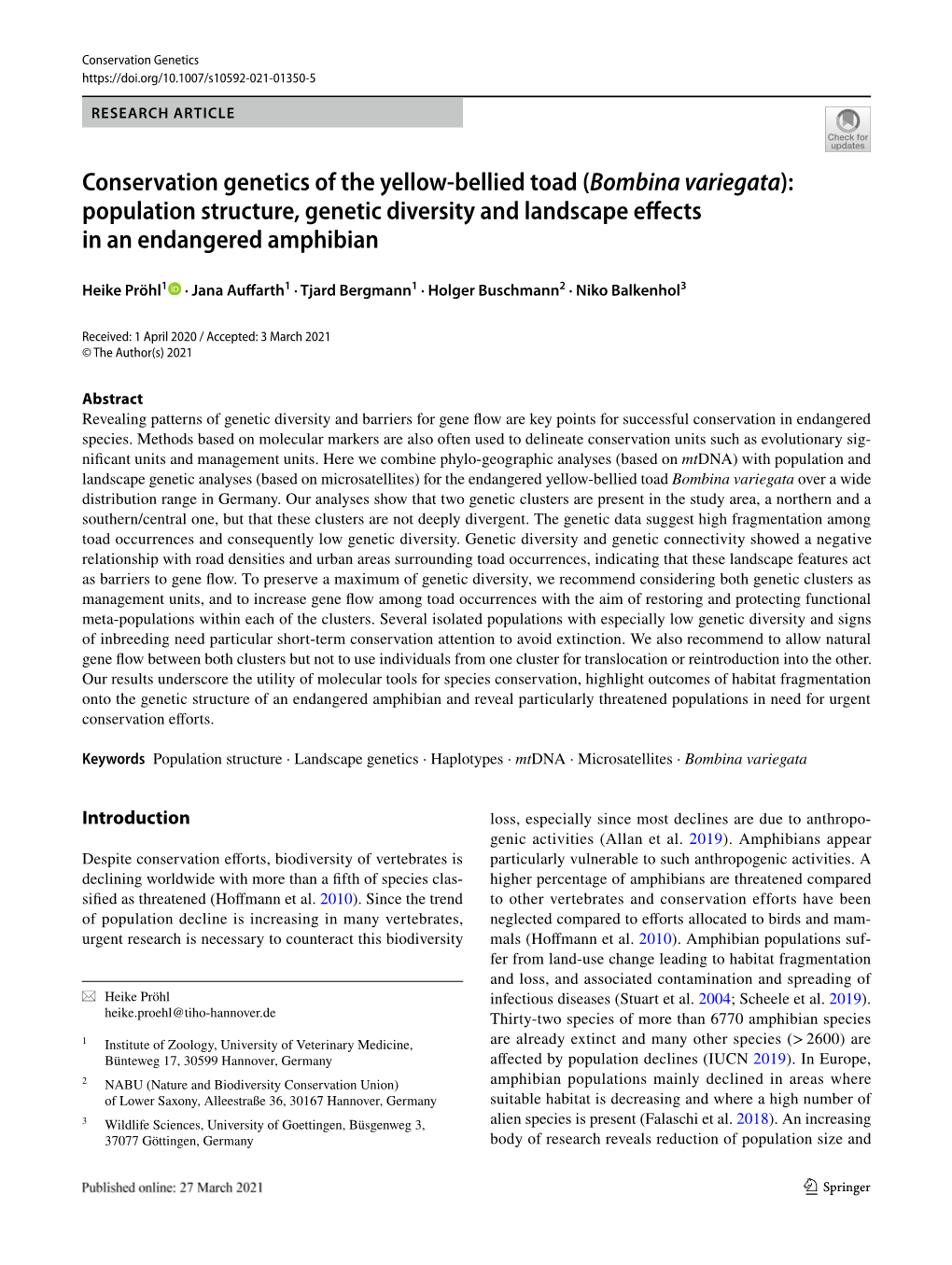 Conservation Genetics of the Yellow-Bellied Toad (Bombina Variegata)