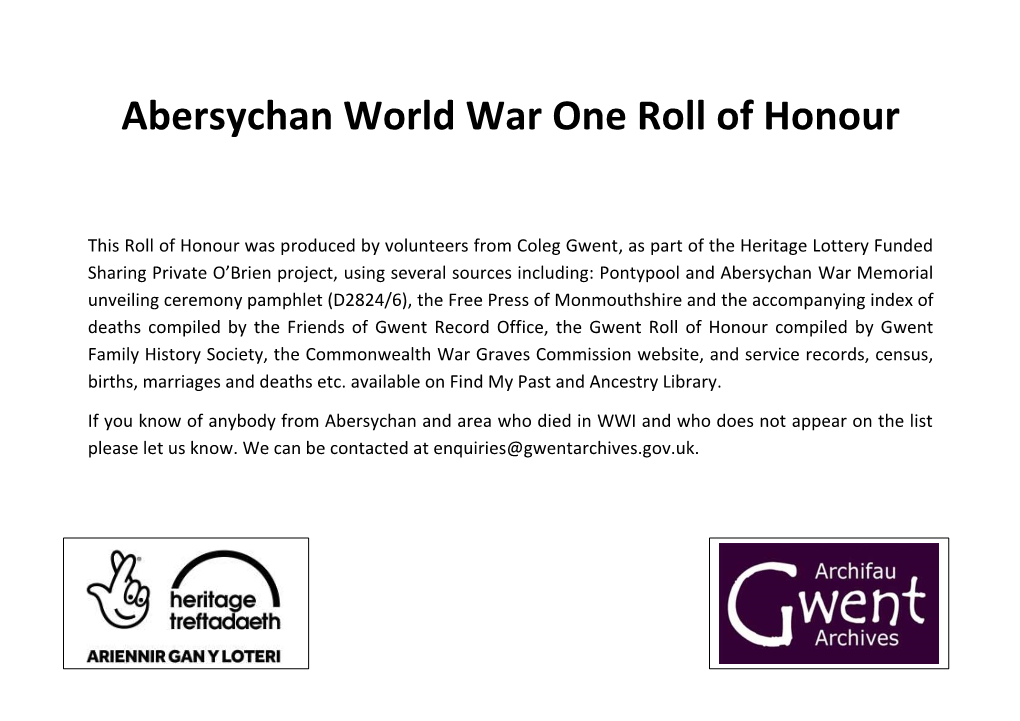 Abersychan World War One Roll of Honour