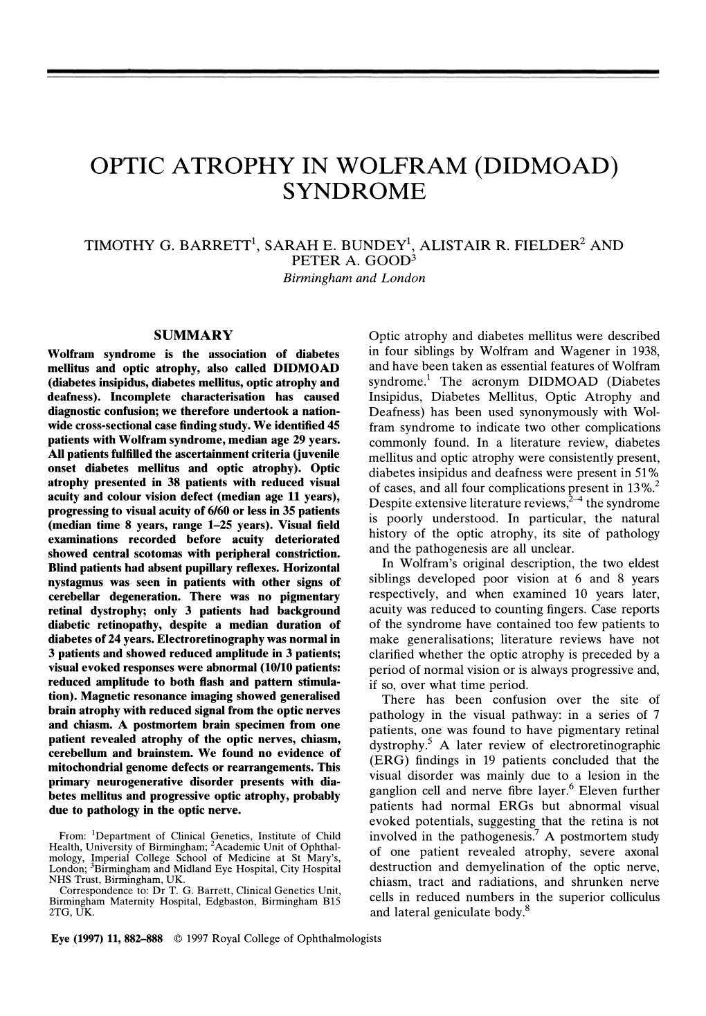 Optic Atrophy in Wolfram (Didmoad) Syndrome