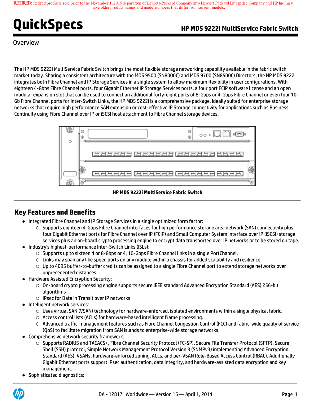 Quickspecs HP MDS 9222I Multiservice Fabric Switch