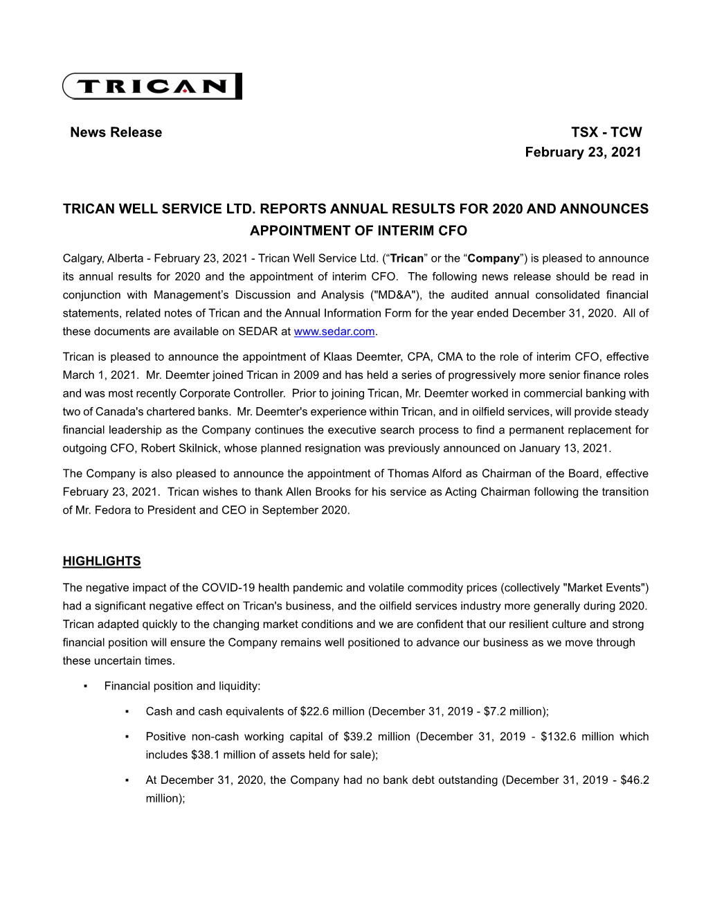 TCW Q4 2020 Press Release