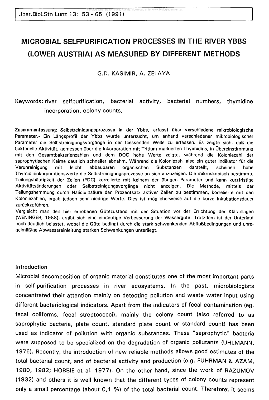 Microbial Selfpurification Processes in the River Ybbs (Lower Austria) As Measured by Different Methods