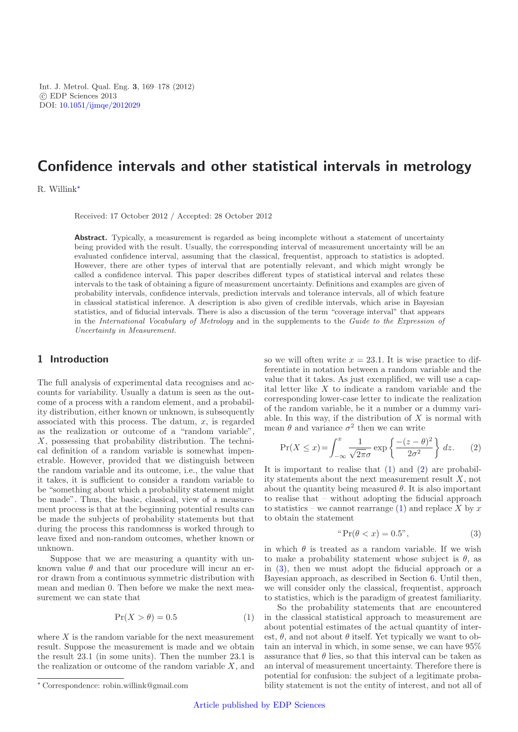 Confidence Intervals and Other Statistical Intervals in Metrology