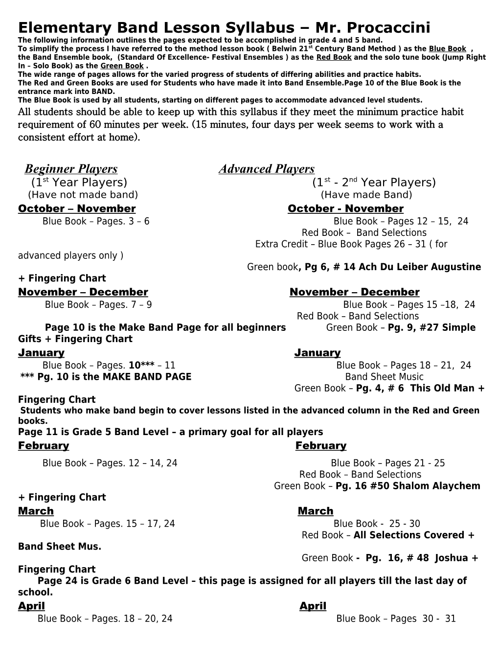 Elementary Band Lesson Syllabus Mr. Procaccini