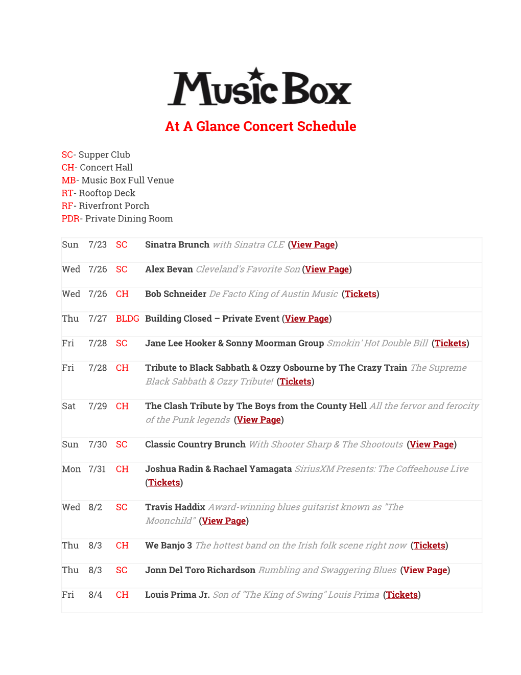 At a Glance Concert Schedule