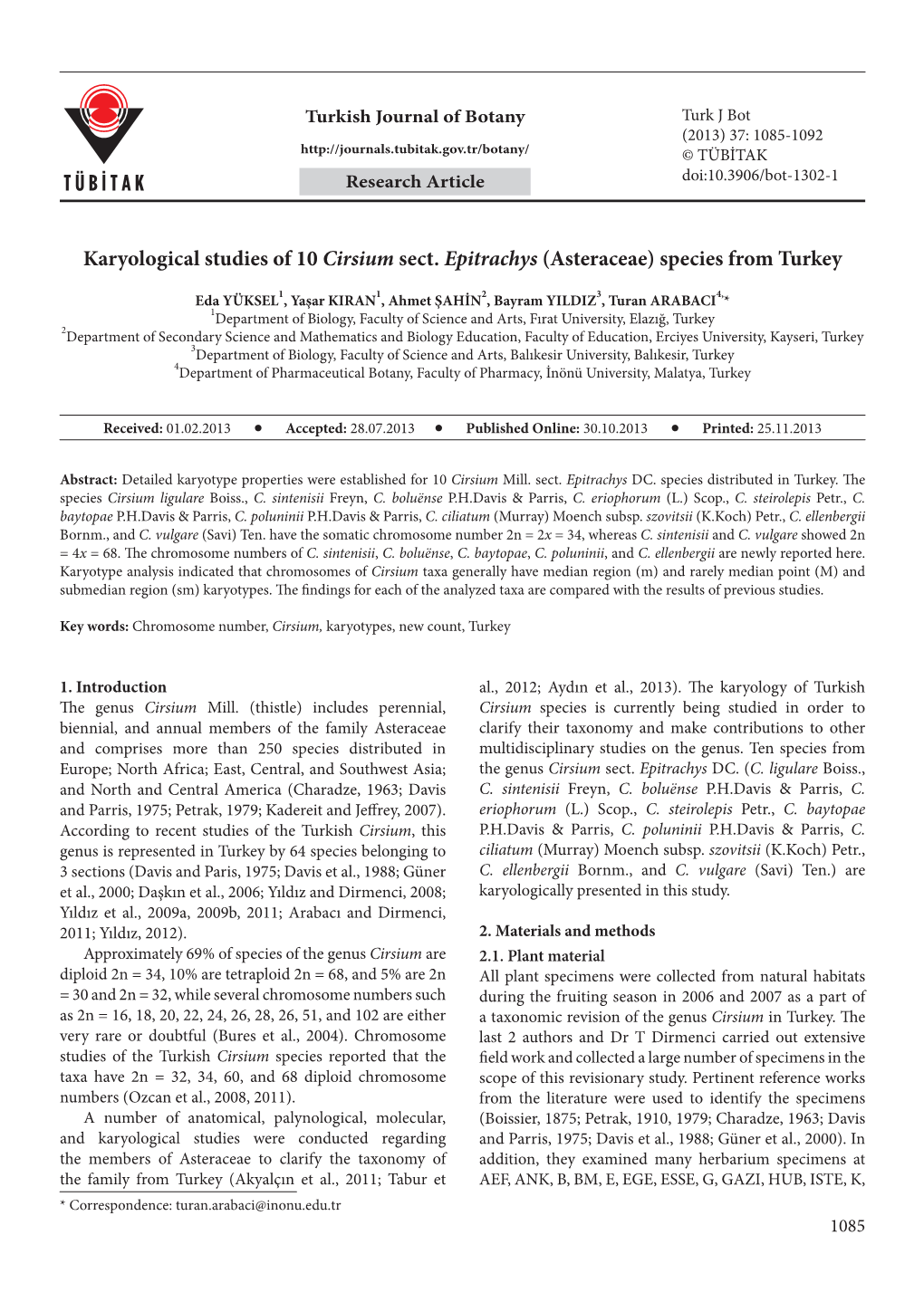 Karyological Studies of 10 Cirsium Sect. Epitrachys (Asteraceae) Species from Turkey