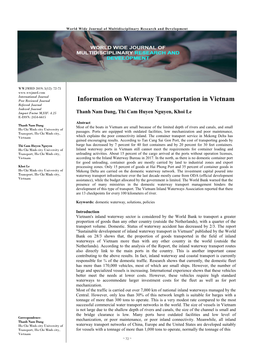 Information on Waterway Transportation in Vietnam
