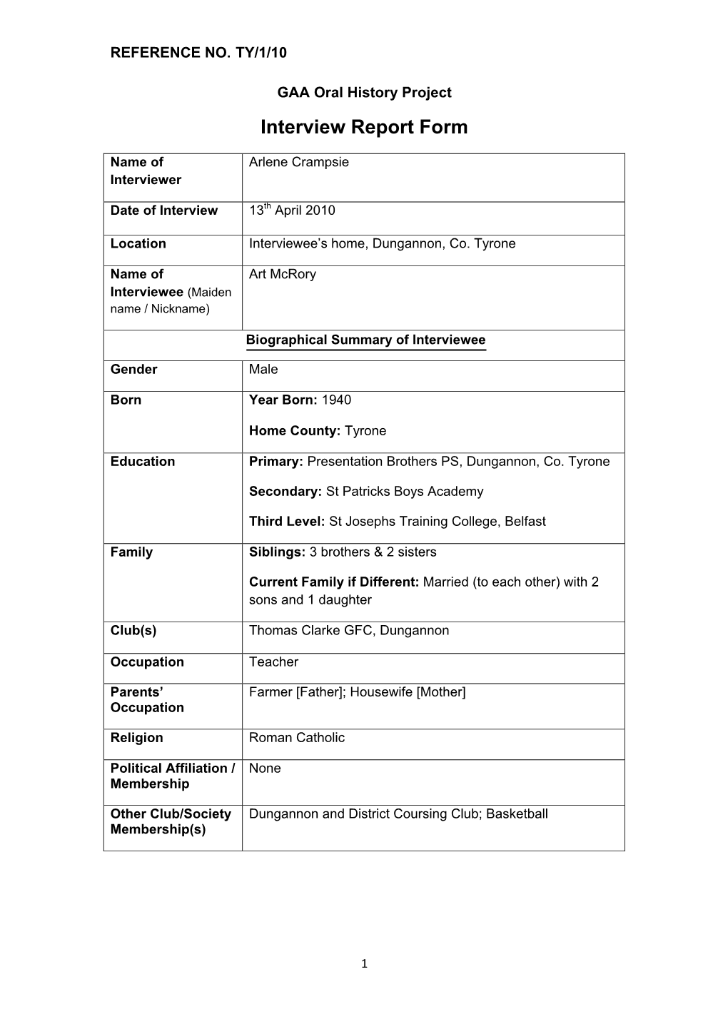 GAA Oral History Project Interview Report Form