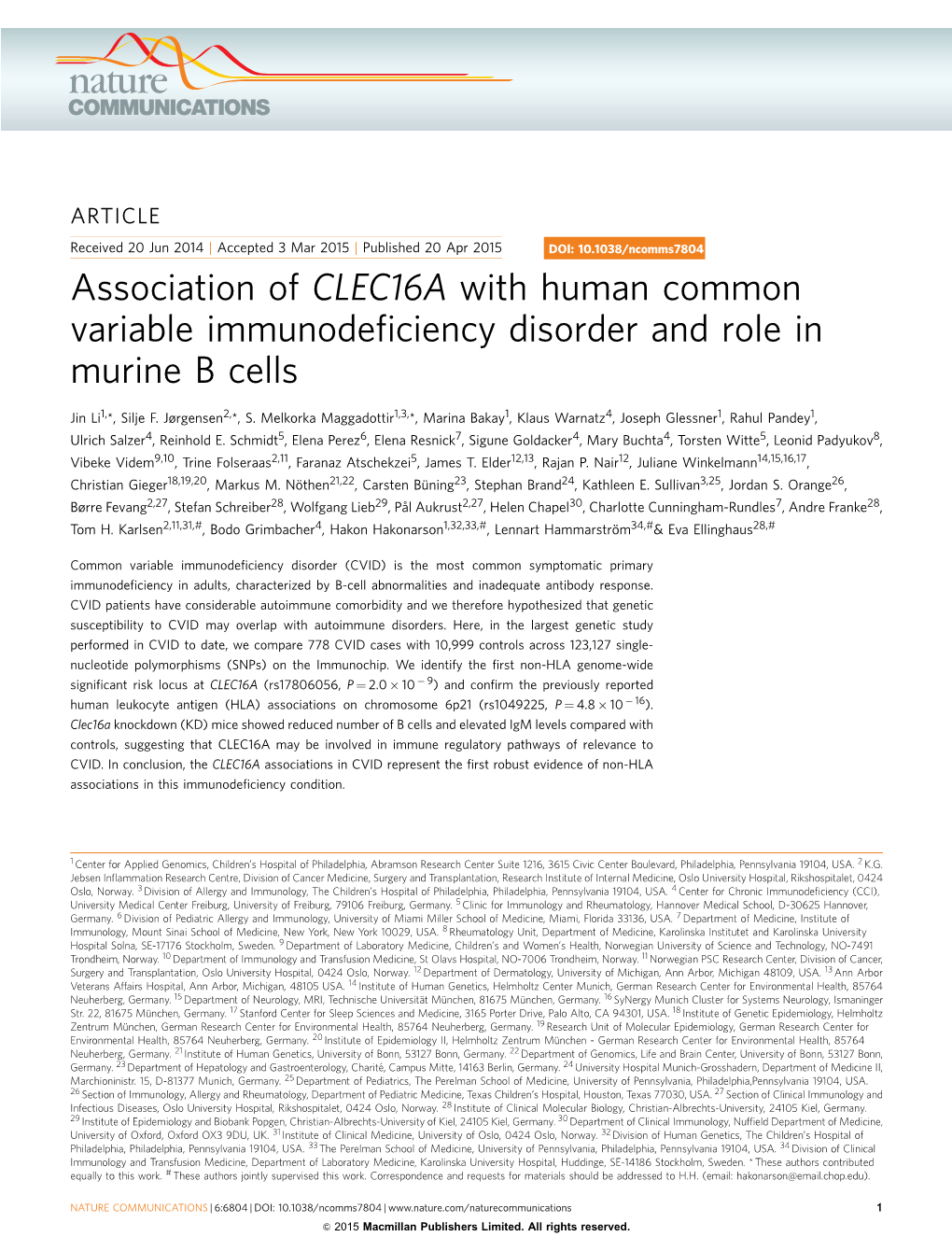 Association of CLEC16A with Human Common Variable Immunodeﬁciency Disorder and Role in Murine B Cells