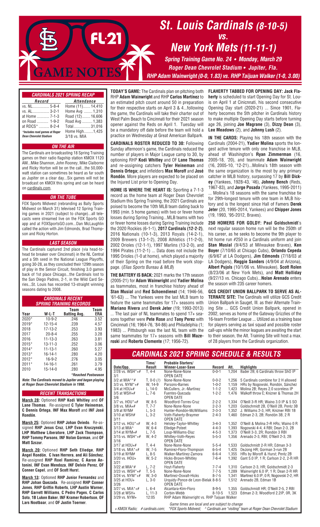 GAME NOTES RHP Adam Wainwright (0-0, 1.83) Vs