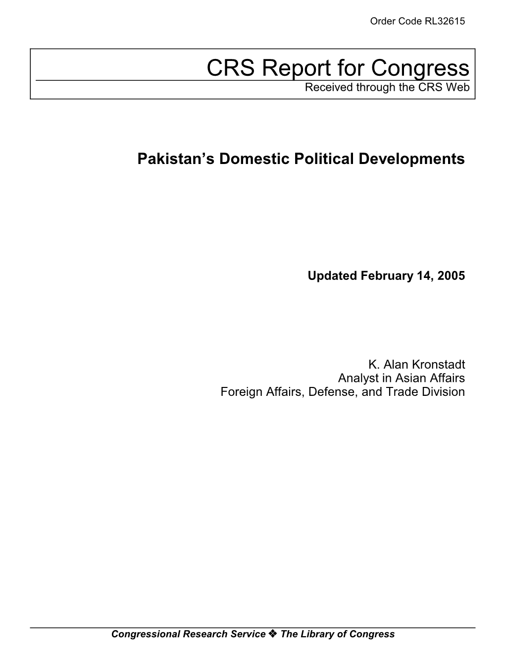 Pakistan's Domestic Political Developments