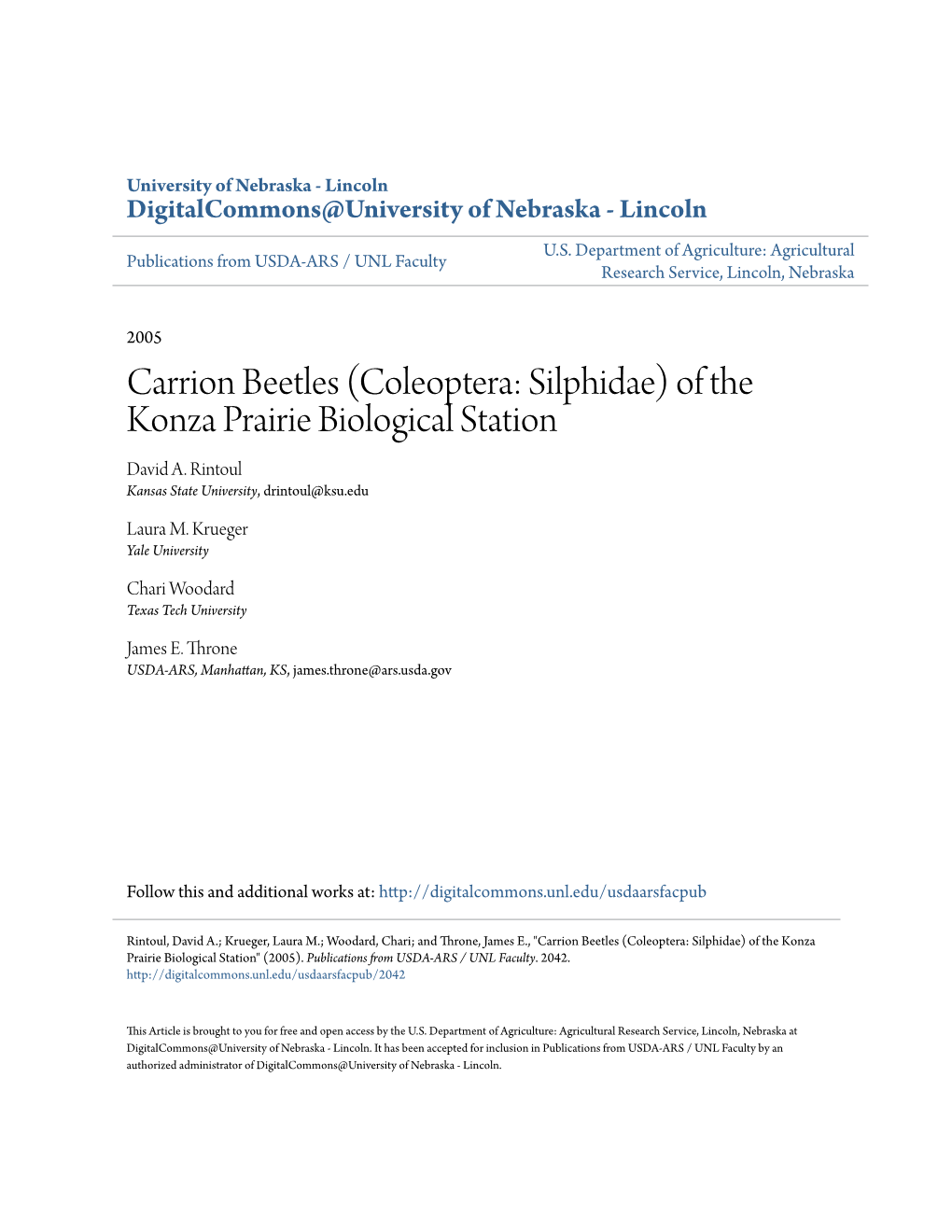 Carrion Beetles (Coleoptera: Silphidae) of the Konza Prairie Biological Station David A