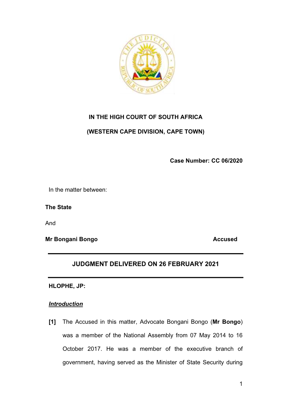 Judgment Delivered on 26 February 2021
