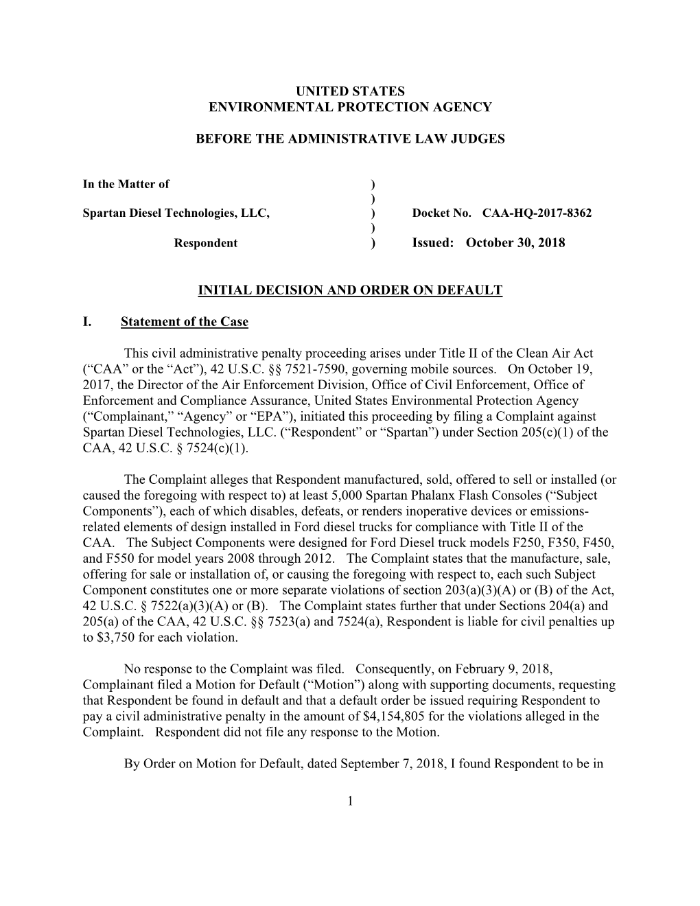 Spartan Diesel Technologies, LLC, INITIAL DECISION and ORDER on DEFAULT