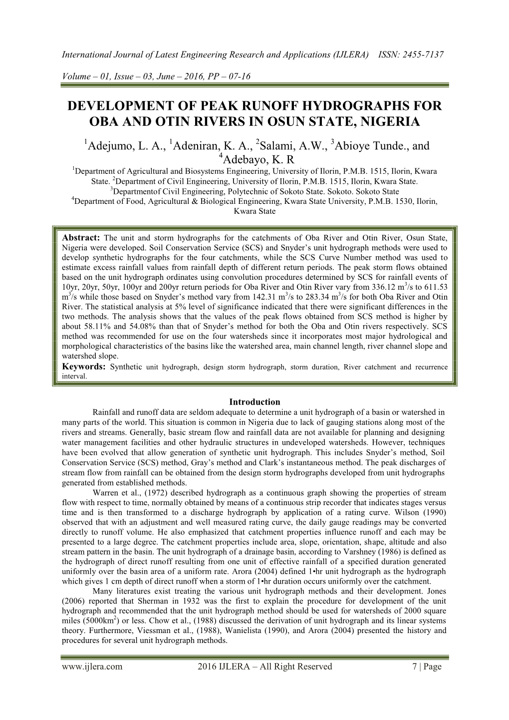 Development of Peak Runoff Hydrographs for Oba and Otin Rivers in Osun State, Nigeria