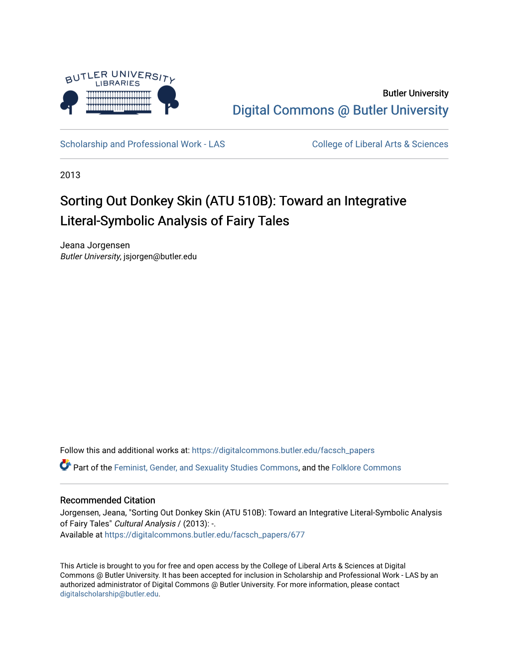 Sorting out Donkey Skin (ATU 510B): Toward an Integrative Literal-Symbolic Analysis of Fairy Tales