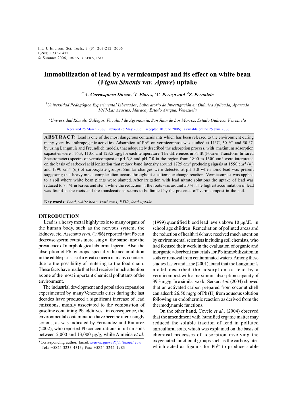 Immobilization of Lead by a Vermicompost and Its Effect on White Bean (Vigna Sinenis Var