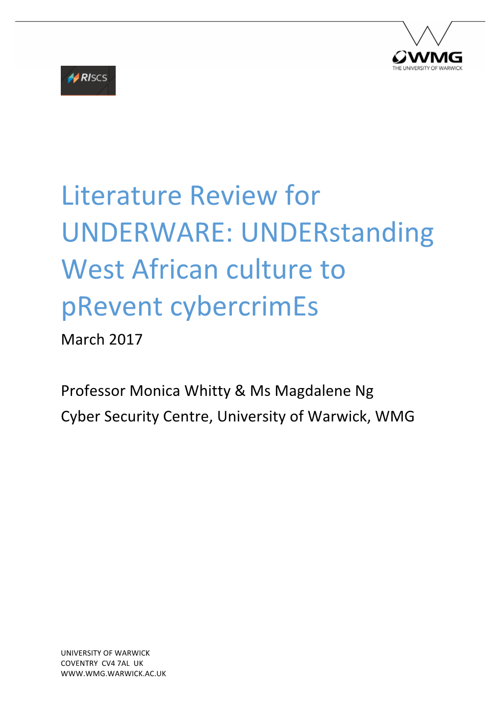 Literature Review for UNDERWARE: Understanding West African Culture to Prevent Cybercrimes March 2017