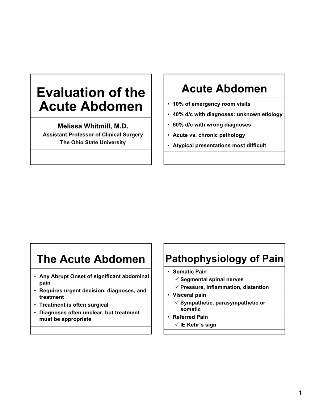 Evaluation of the Acute Abdomen Acute Abdomen • 10% of Emergency Room Visits • 40% D/C with Diagnoses: Unknown Etiology Melissa Whitmill, M.D
