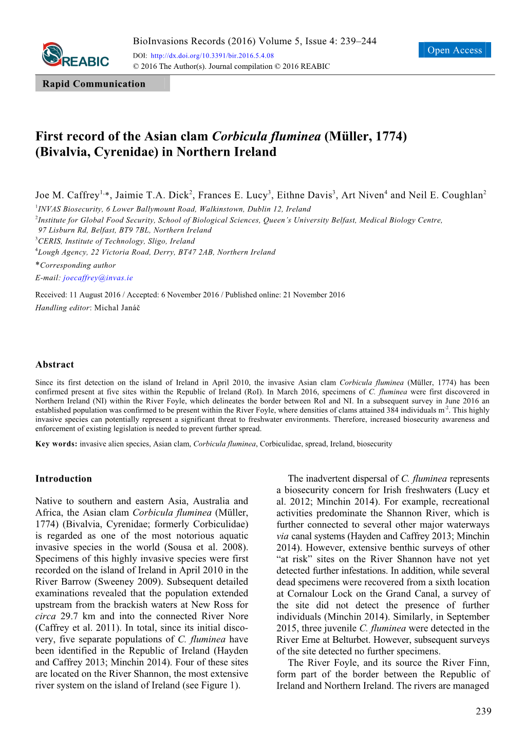 First Record of the Asian Clam Corbicula Fluminea (Müller, 1774) (Bivalvia, Cyrenidae) in Northern Ireland