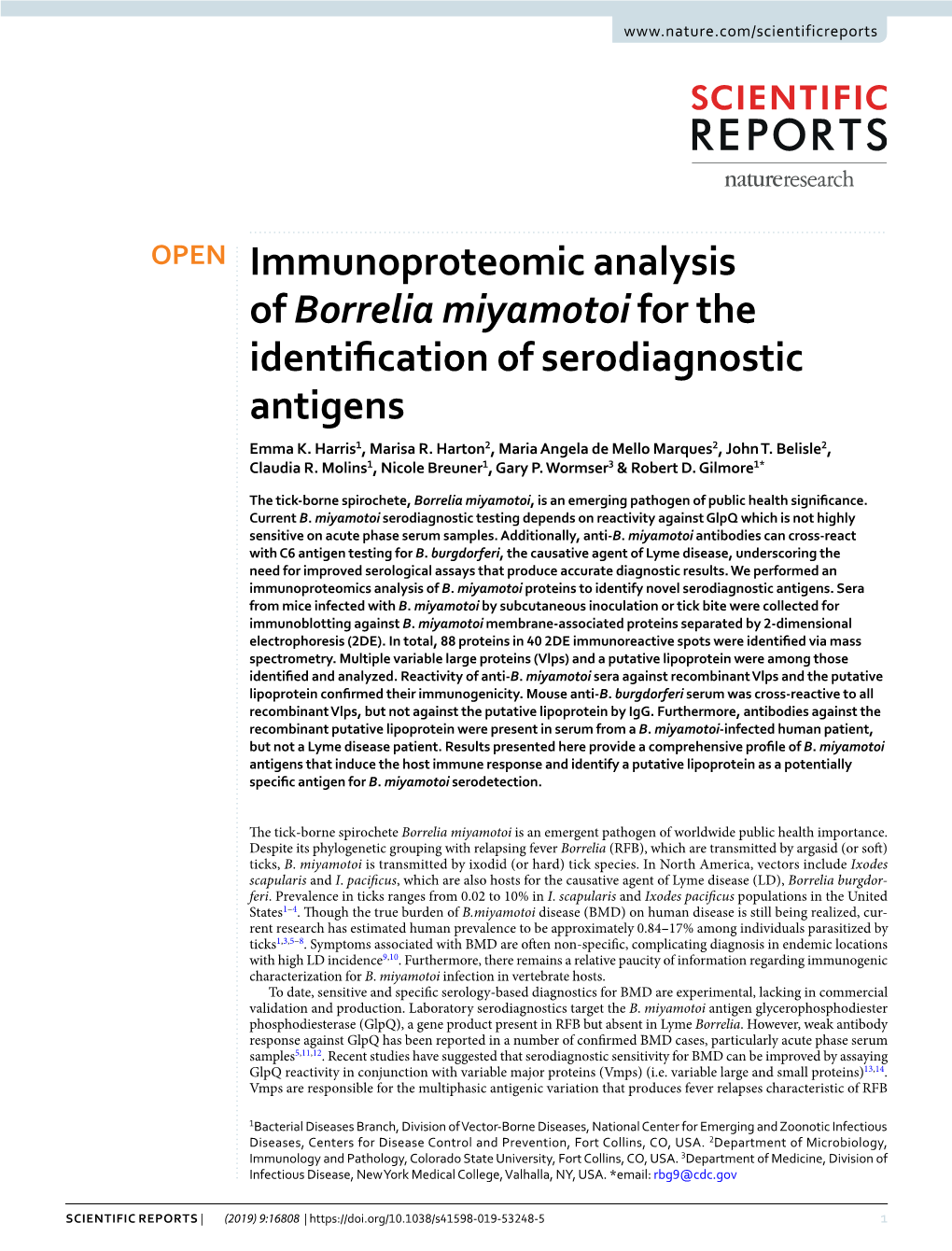 Immunoproteomic Analysis of Borrelia Miyamotoi for the Identification of Serodiagnostic Antigens