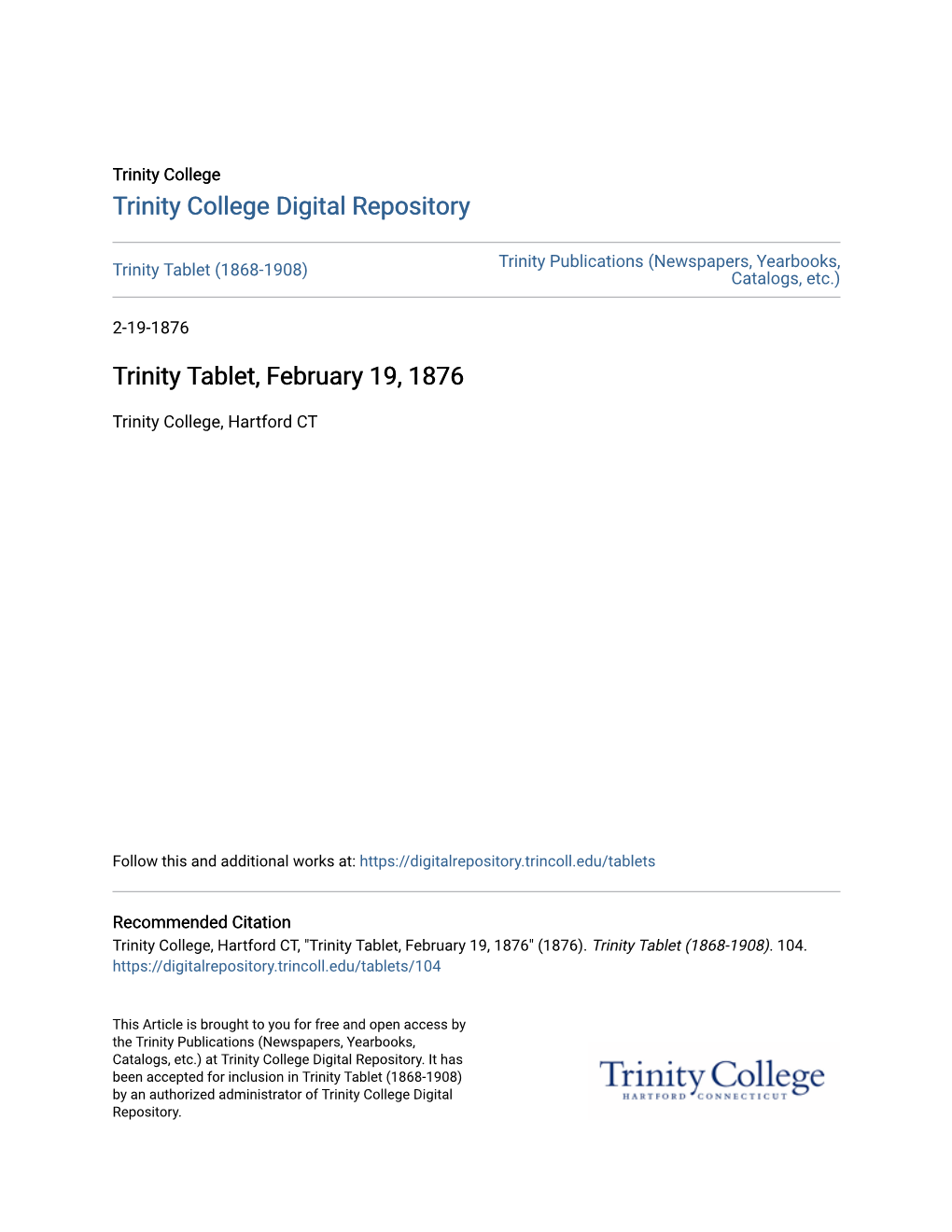 Trinity Tablet, February 19, 1876