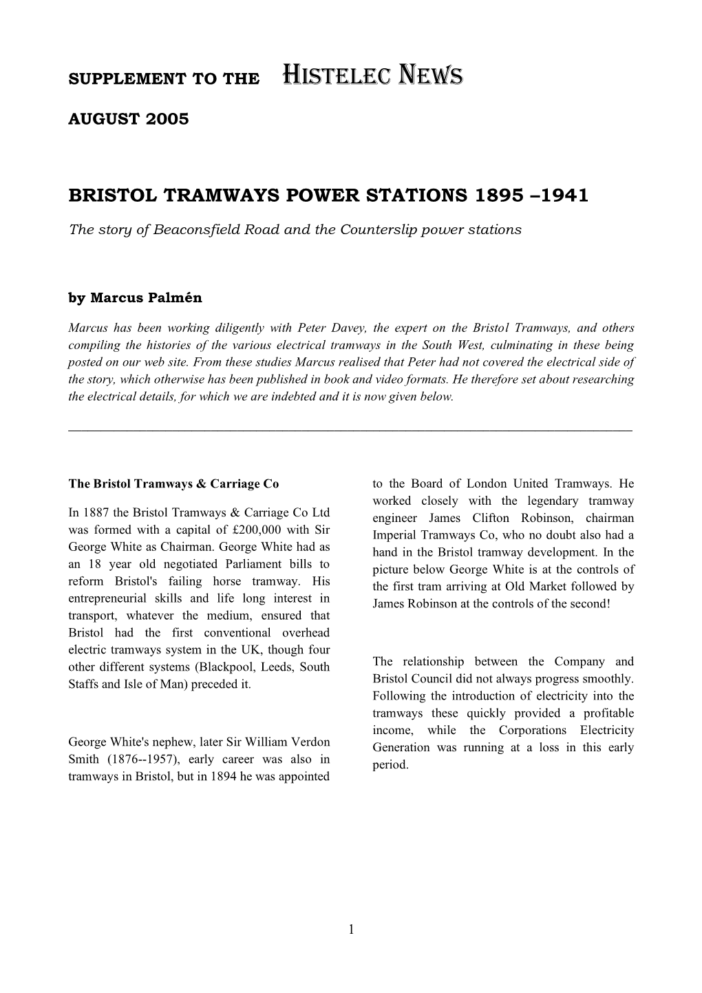 Bristol Tramways Power Stations 1895 –1941