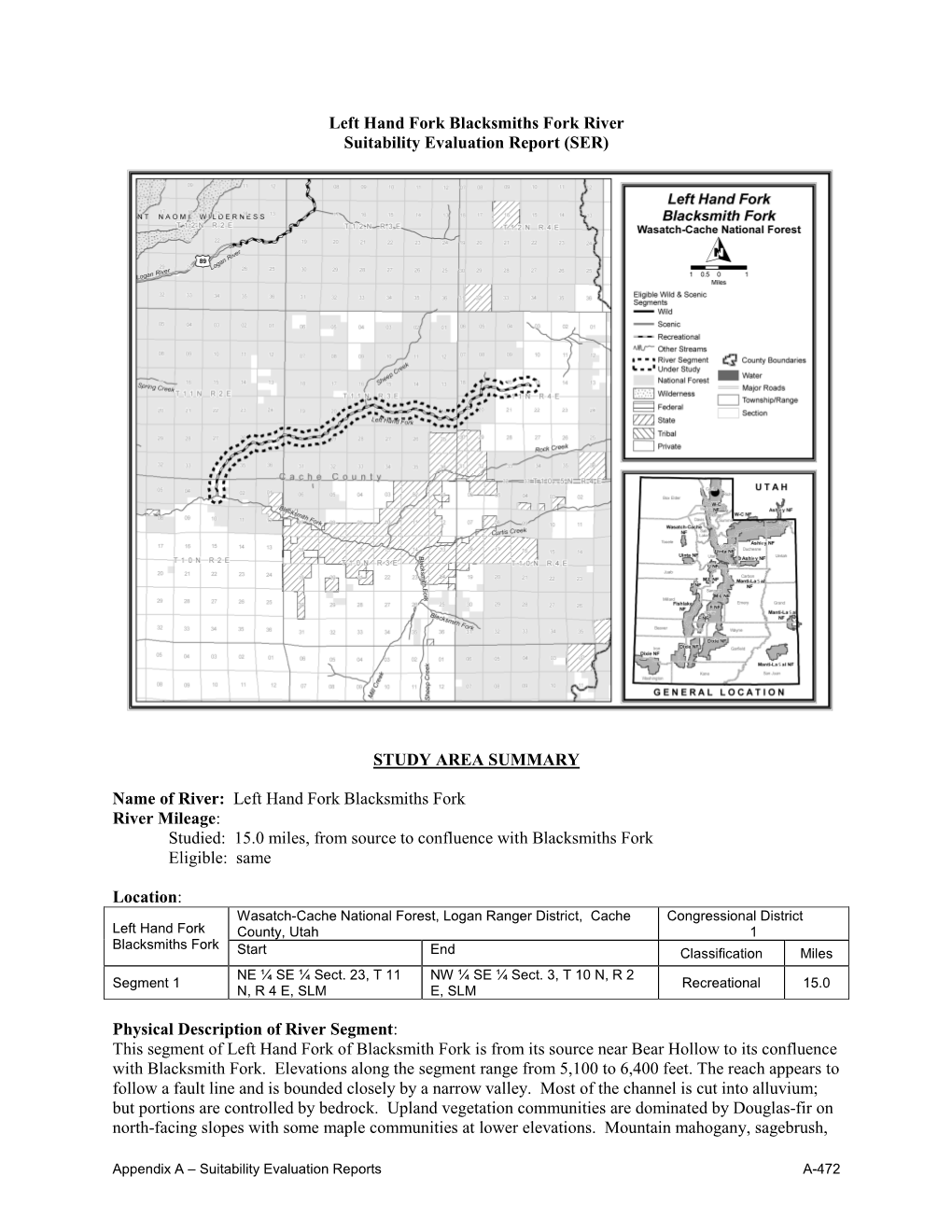 Left Hand Fork Blacksmiths Fork River Suitability Evaluation Report (SER)