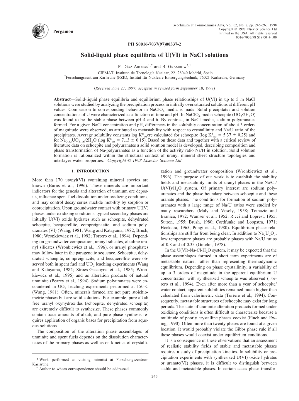 Solid-Liquid Phase Equilibria of U(VI) in Nacl Solutions