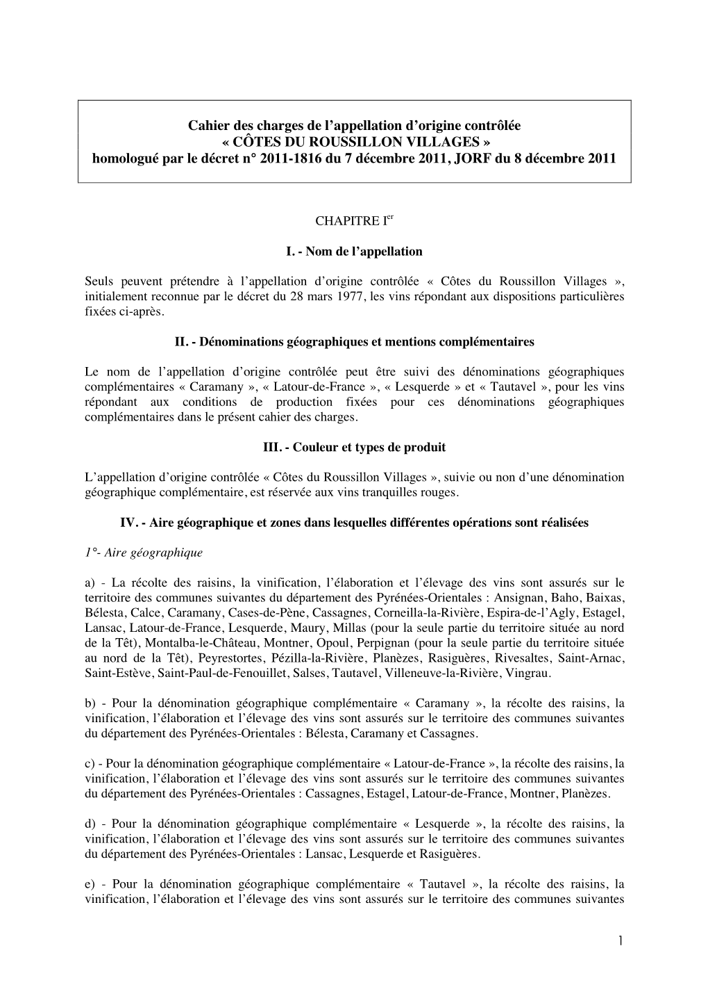 CÔTES DU ROUSSILLON VILLAGES » Homologué Par Le Décret N° 2011-1816 Du 7 Décembre 2011, JORF Du 8 Décembre 2011
