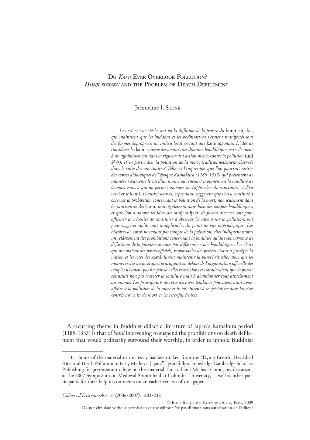 Do Kami Ever Overlook Pollution? Honji Suijaku and the Problem of Death Defilement 1