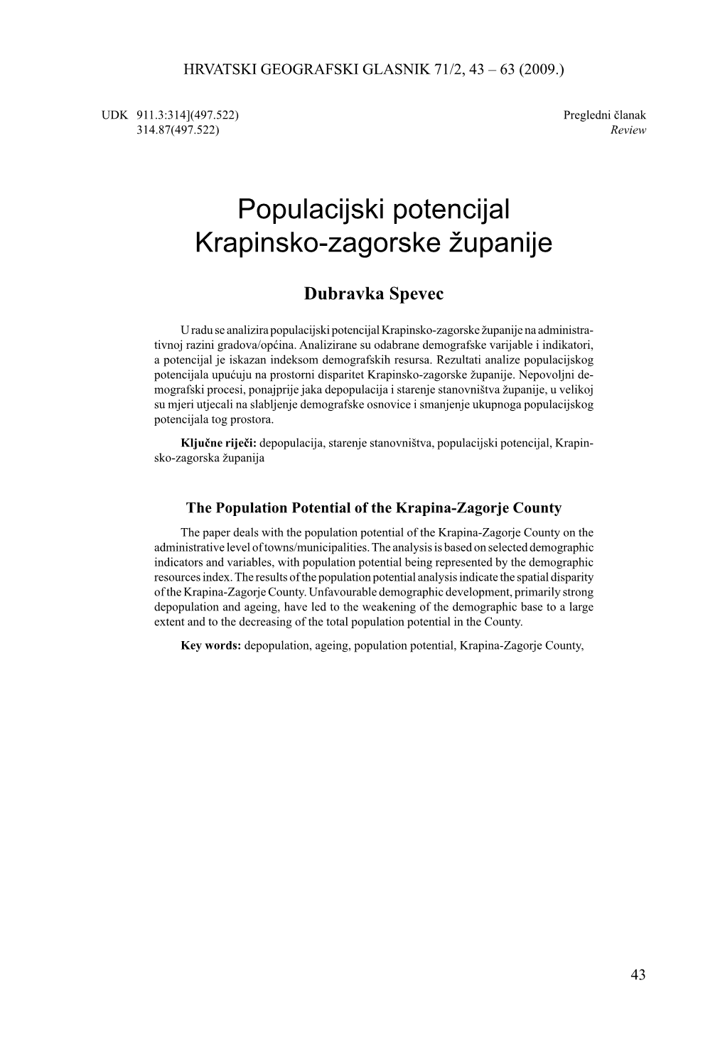 Populacijski Potencijal Krapinsko-Zagorske Županije
