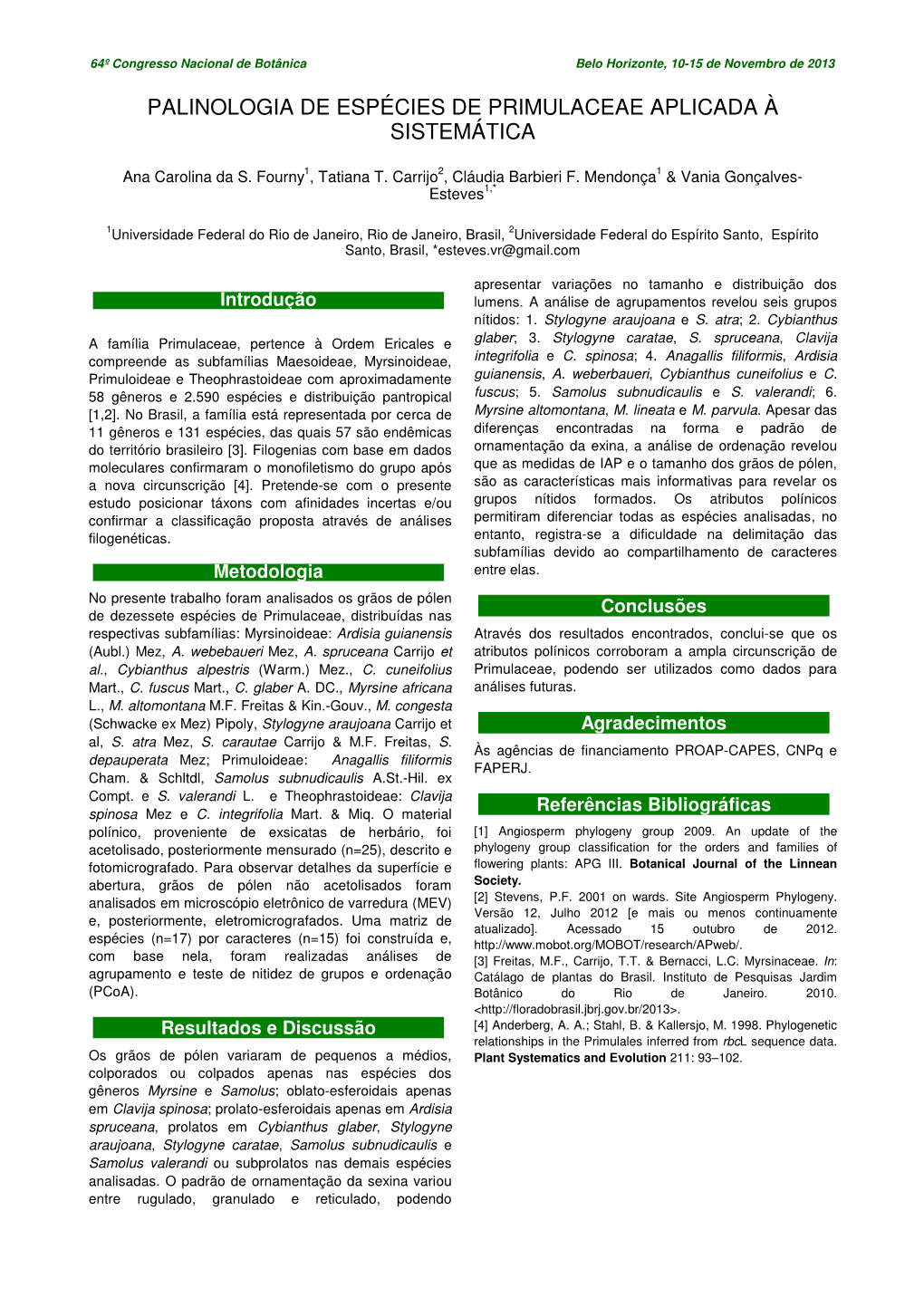 Palinologia De Espécies De Primulaceae Aplicada À Sistemática