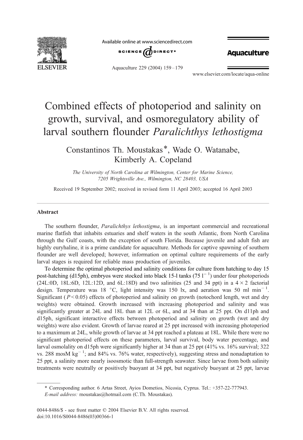 Combined Effects of Photoperiod and Salinity on Growth, Survival, and Osmoregulatory Ability of Larval Southern Flounder Paralichthys Lethostigma